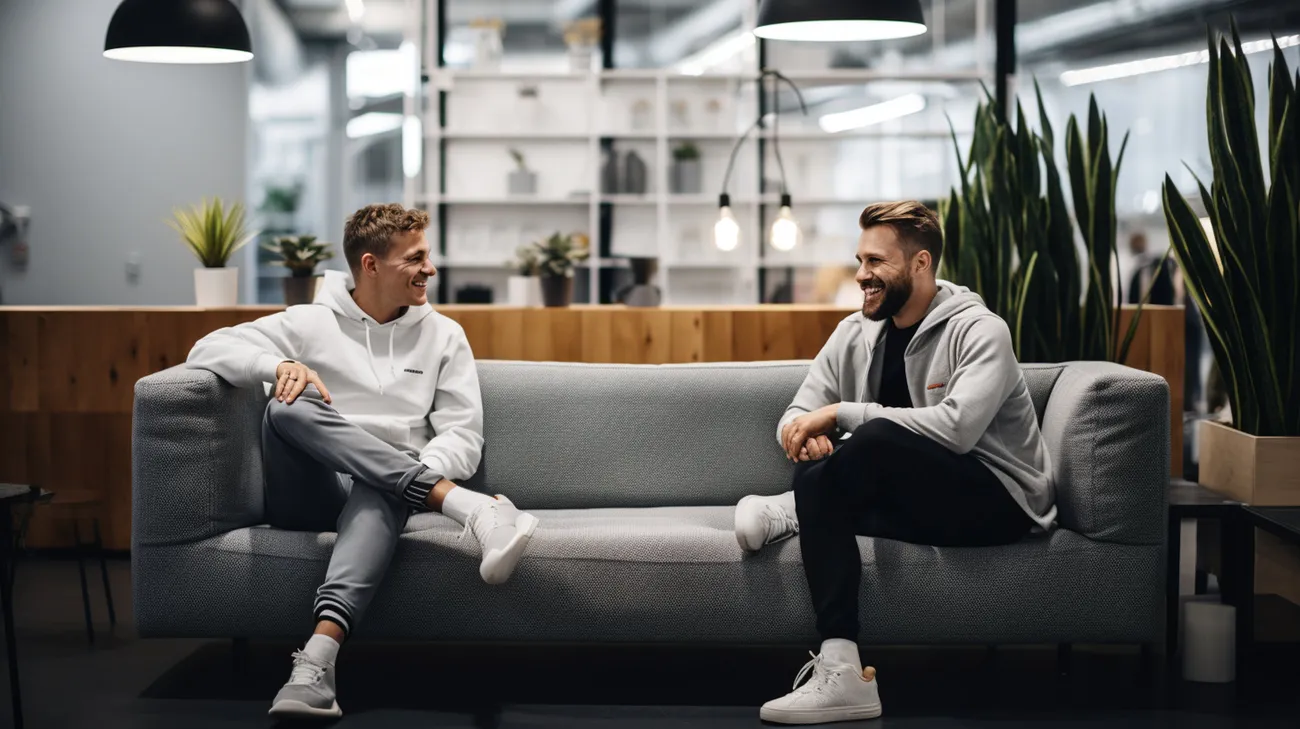 Zwei Männer im Gespräch auf einem Sofa in einem Beratungsraum